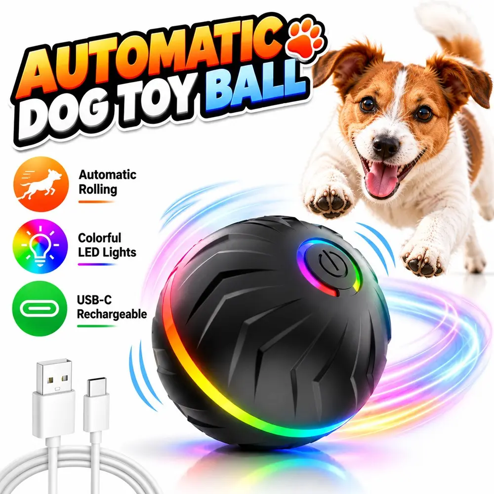Automatic Rolling Dog Toy Ball Interactive Moving Pet Ball with Colorful LED Lights USB-C Rechargeable Smart Rolling Ball Direction Changing Indoor Exercise Play Toy for Puppies Small Medium Large Dogs
