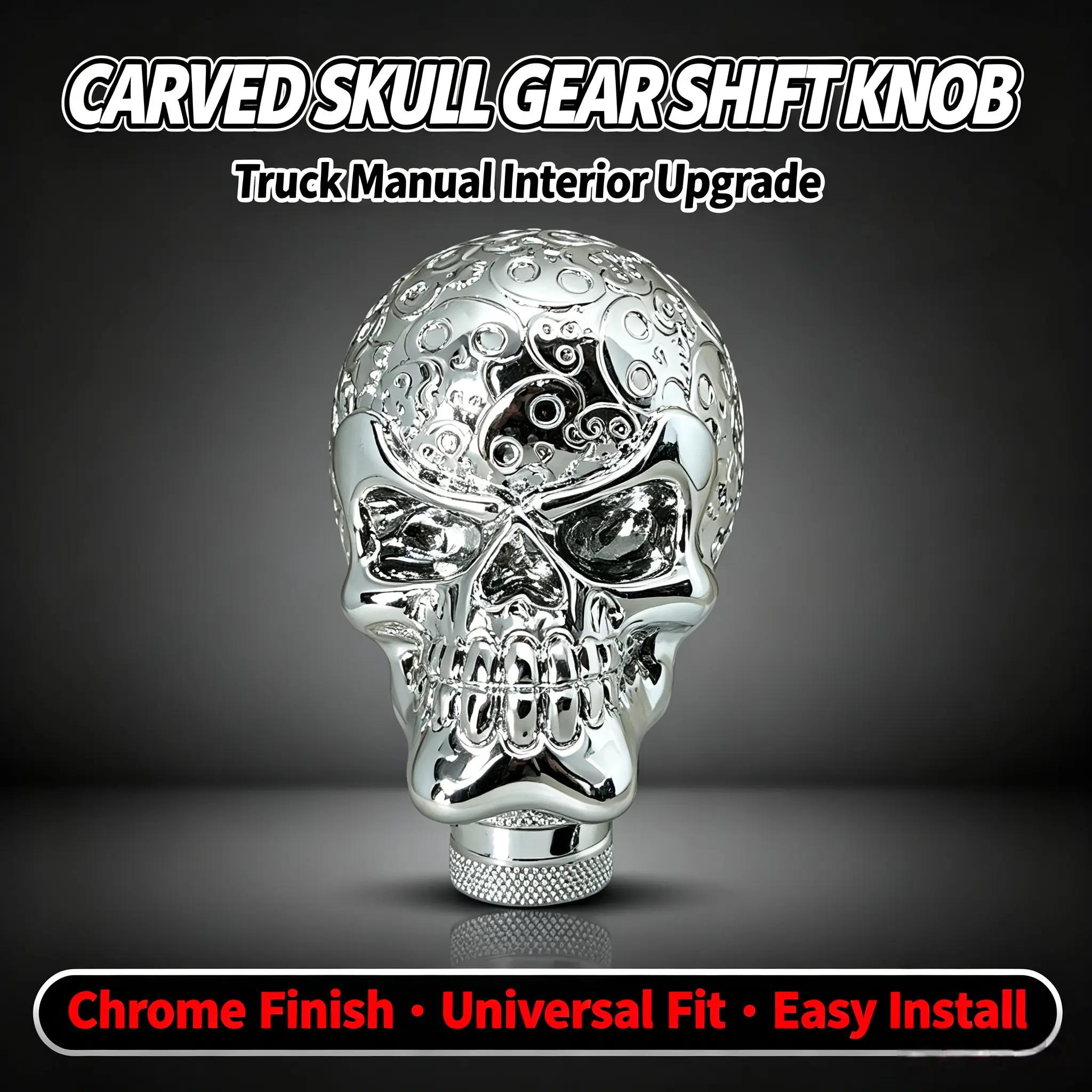 3D Carved Chrome Skull Gear Shift Knob, Universal Manual Shift Knob with Adapters, Truck Pickup Car Interior Mod Accessories,pedal,,running,board,degree,rotation,wheel,paddle,shifter,trim