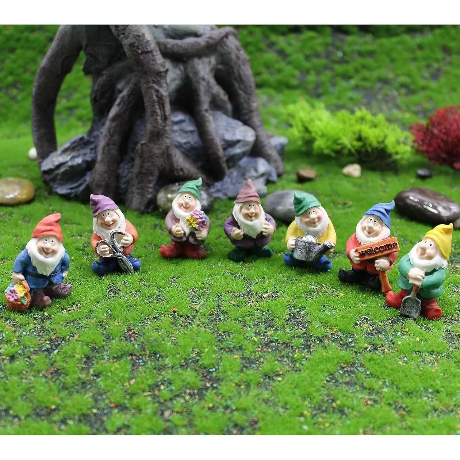 Fairy Garden Accessories 7Pcs Mini Gnome Resin Figurines Set Colorful Decor Hand-painted resin,7difference poses funny mini gnomes statue for fairy garden, succulents, dollhouse, home decor