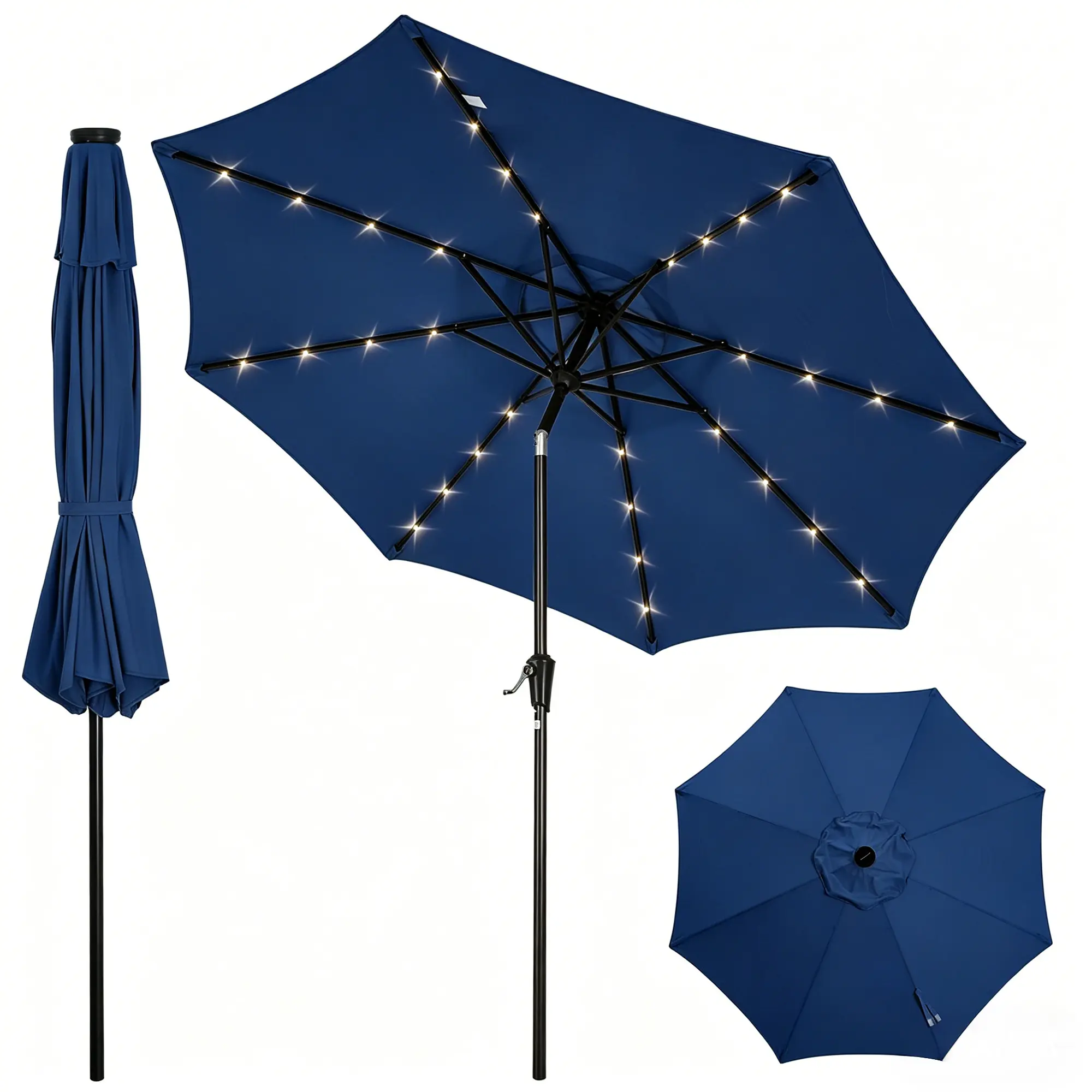 9 Foot Outdoor Patio Table Umbrella with 32 Solar Charging LED Lights, Hand Crank Tilt Function & 8 Heavy Duty Iron Frame Ribs, Weatherproof Sun Shade Canopy Ideal for Patio, Garden, Deck, Pool and Outdoor Courtyard