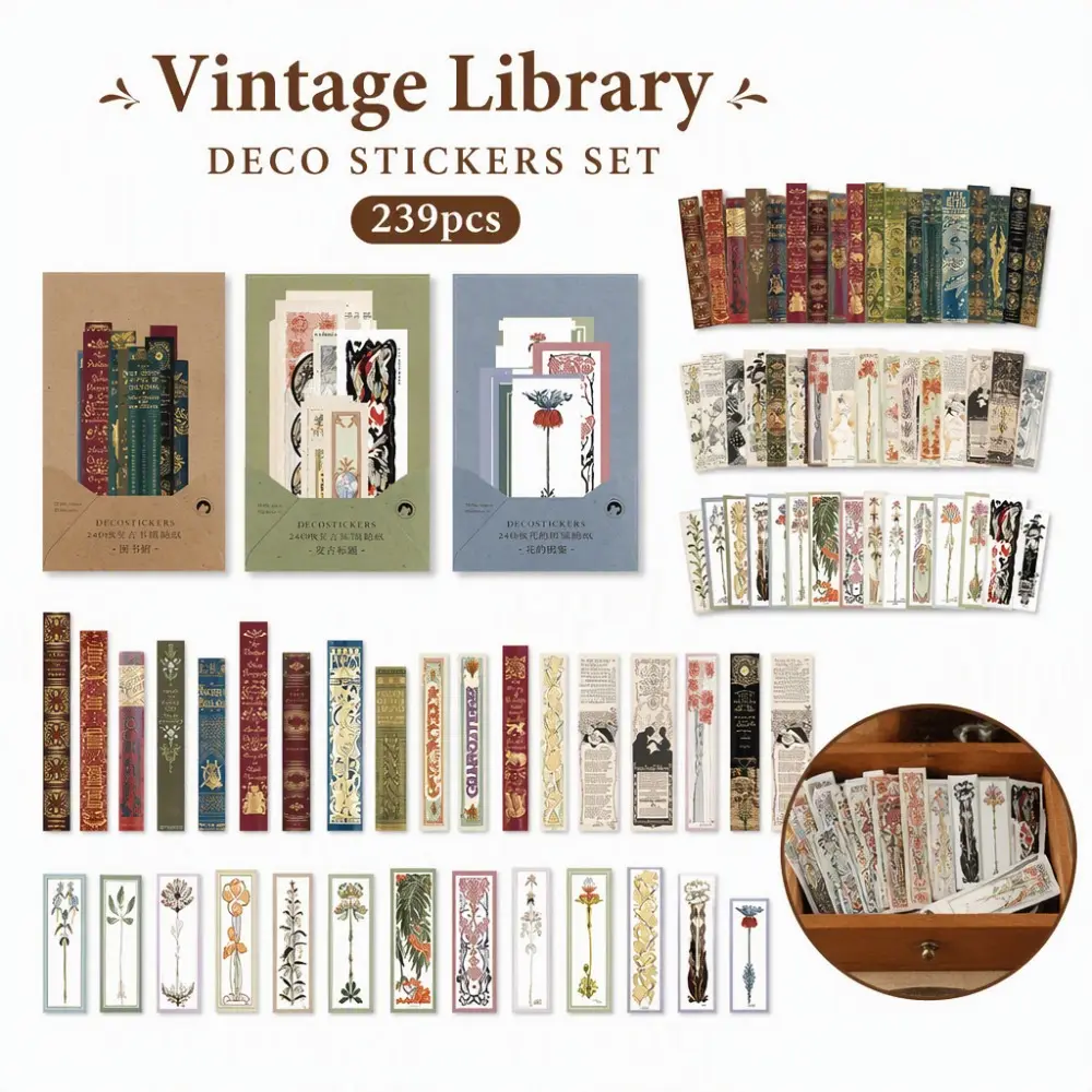239Pcs Vintage Library Decor Stickers Set, Retro Bookmark Book Page Aesthetic Paper Stickers, DIY Journal Scrapbooking Notebook Album Decorative Sticker