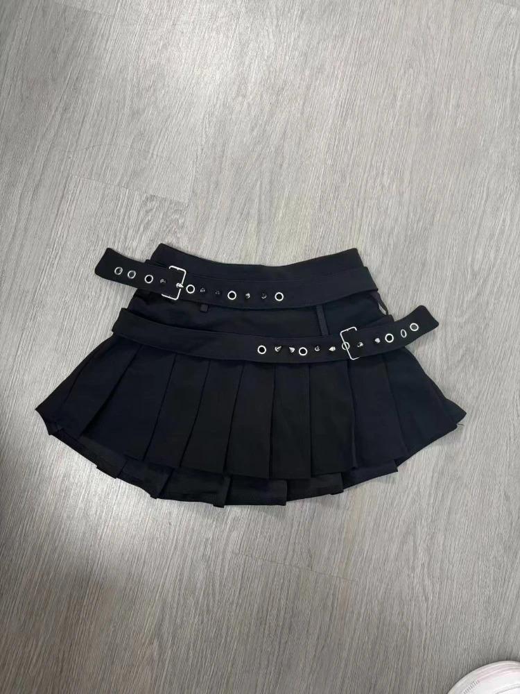 Black High Street Gothic Rivet Mini Skirt Woman Y2K Style Korean Fashion Aesthetic Skirts Elegant Retro A-line Denim Outfit 2026