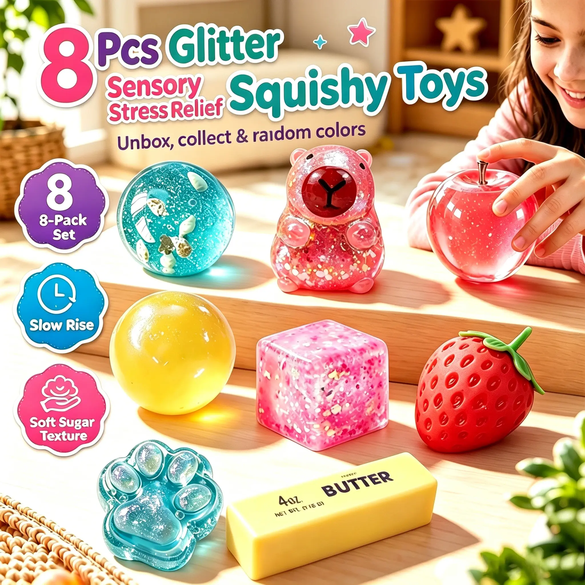 8 Pcs Glitter Sensory Stress Relief Squishy Toys, Soft Squeeze Stress Balls for Kids & Adults, Anxiety Relief Fidget Toys, Perfect for Classroom Prizes, Team Party Favors, Easter Basket Fillers(Random Colors)