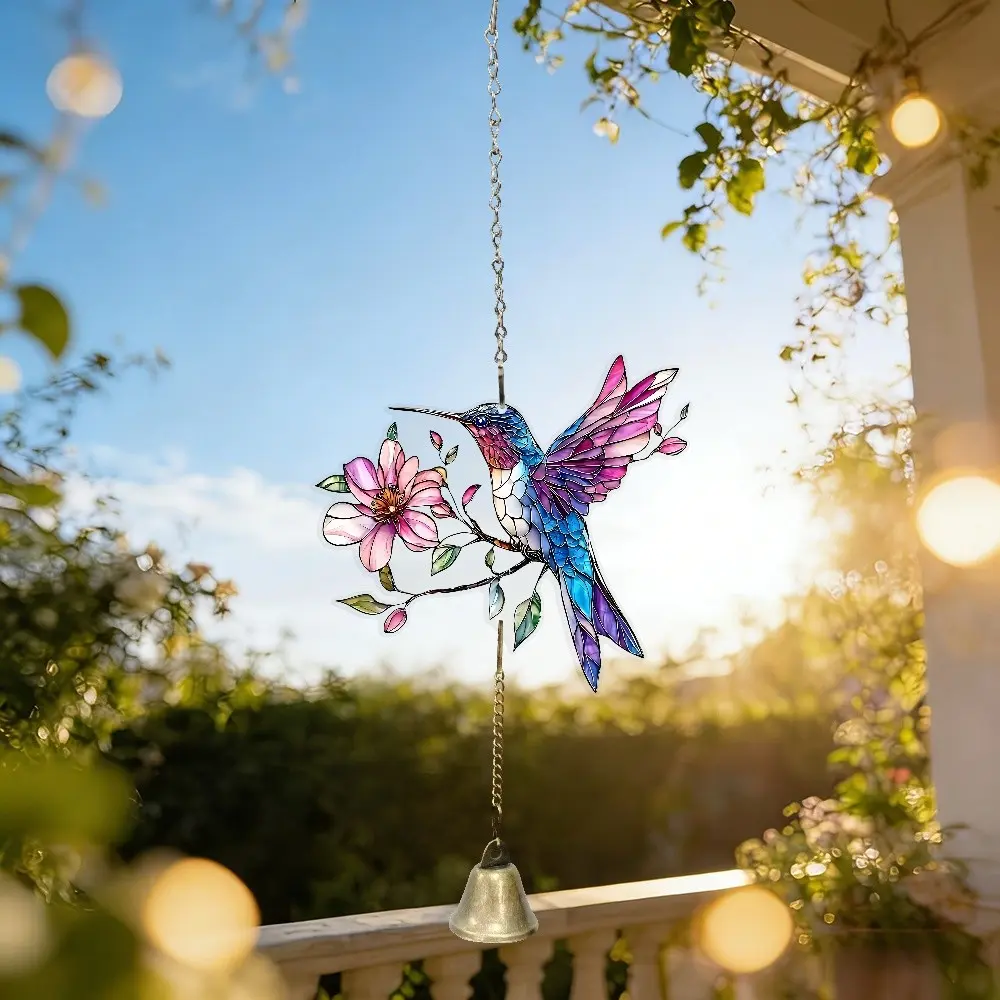 Hummingbird Stained Acrylic Bell Ornament, Vintage Floral Feathered Animal Decor, Garden Window Accent, Outside Hanging, Gift for Bird Watching Lovers, Home Decorative Ornament, Home Hanging Decoration, Ornaments Decor