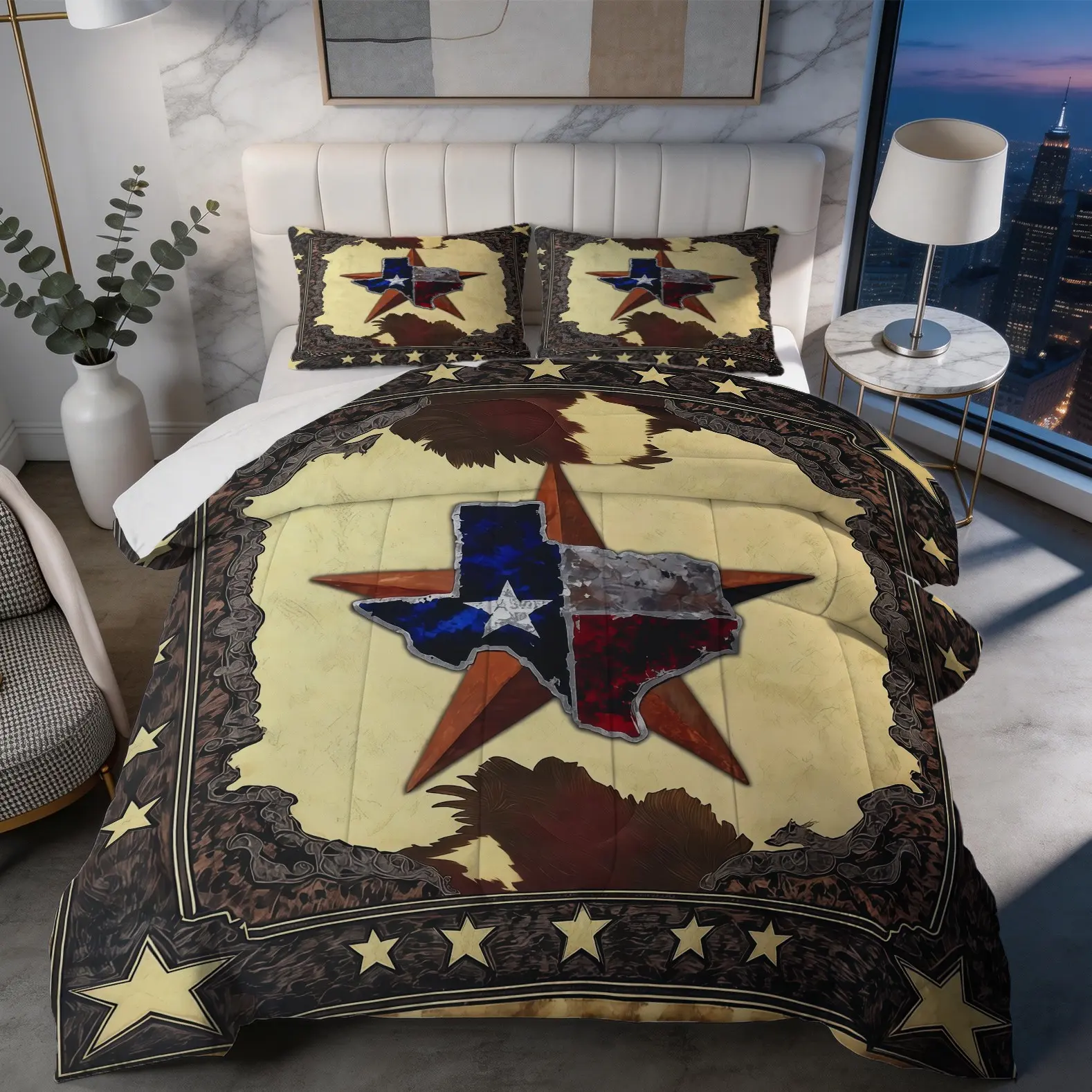 Retro Texas Star Print Comforter Set, Western Cowboy Style Decorative Cozy Bedding Set (1 Comforter + 1/2 Pillowcase, No Pillow Core), Suitable For Teenagers, Adults, Guest Rooms, Dormitories, And Master Bedroom Scenarios
