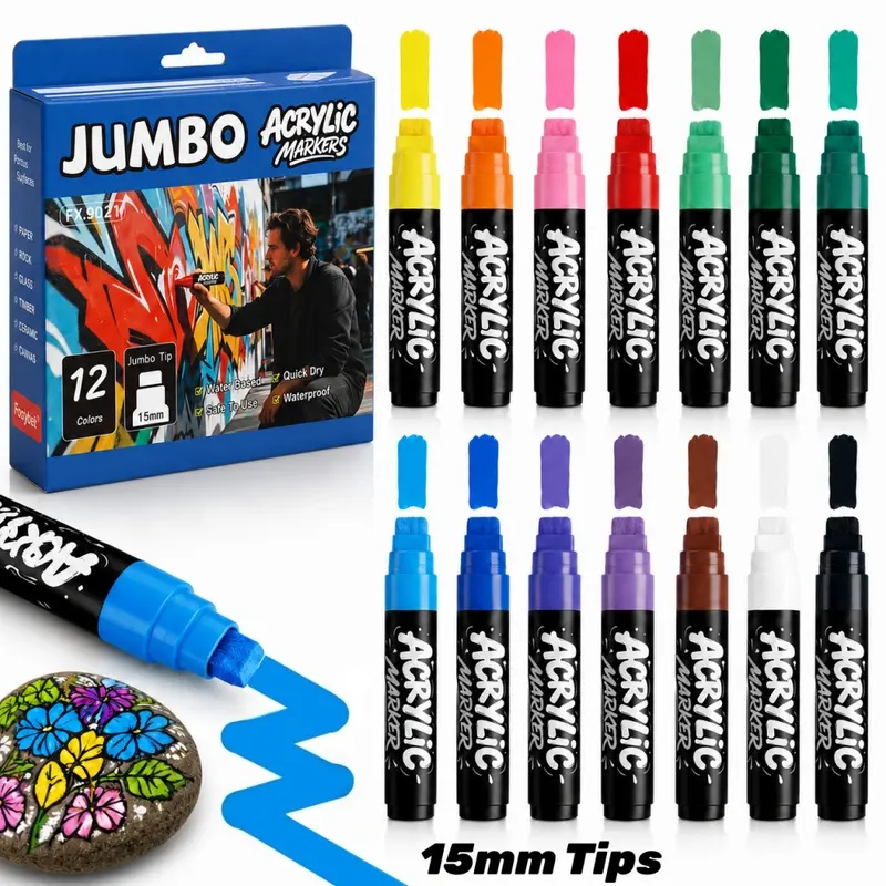 Jumbo Paint Markers 3/12 Pack, 15mm Broad Tip Acrylic Permanent Markers for Posters, Signs, Rock Painting, Graffiti, Glass, Wood, Ceramic, Stone and Canvas