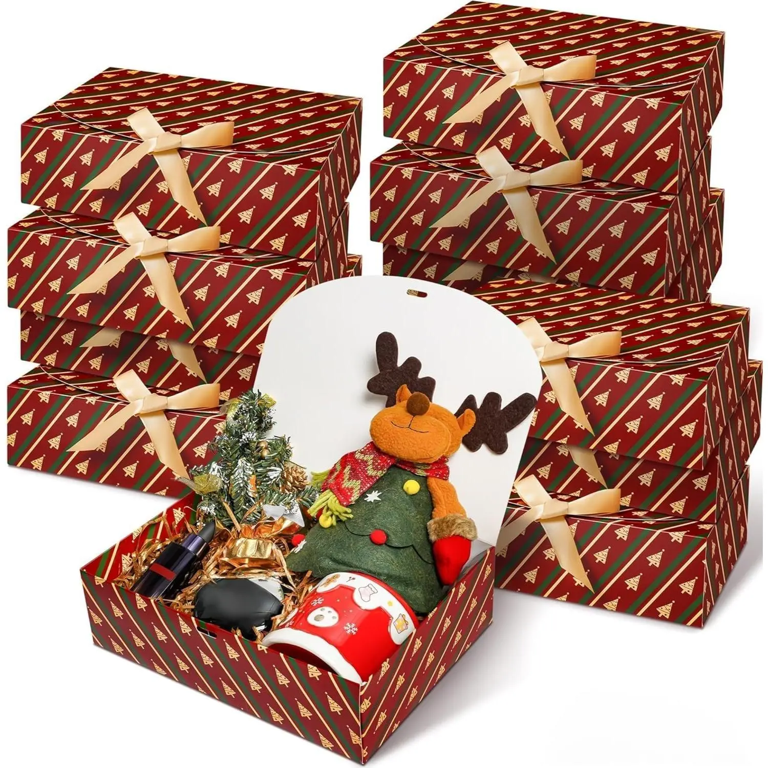 12 Set Christmas  Box with , 10.6''x8''x3''  Paper  Box, Christmas Tree Present Candy Cookie Boxes with Ribbon and 70 count Adhesive Dots, for Holiday Party Favor Supplies
