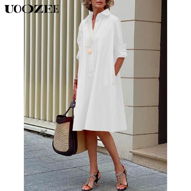 UOOZEE- LIVE Women's Long Sleeves Solid Color Lapel Maxi Dresses Midi Dresses Summer White UOOZEE- LIVE Women's Long Sleeves Solid Color Lapel Maxi Dresses Midi Dresses Summer White
