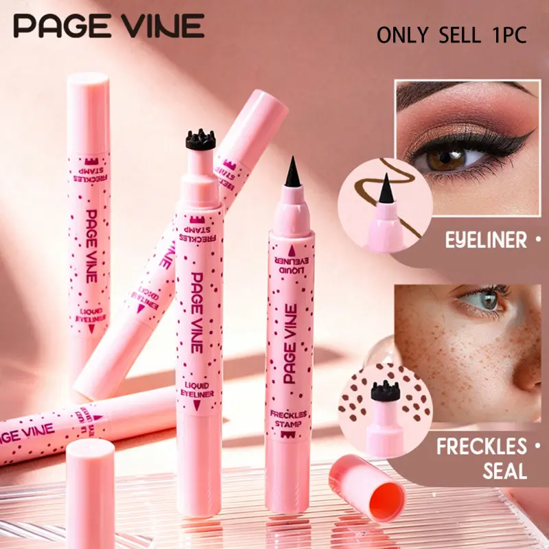 PAGE VINE double head eyeliner freckle pen, durable and easy to color, 4-color optional, natural and lifelike, waterproof and quick drying seal spot pen, simulation real feeling false freckle pen, suitable for all skin types