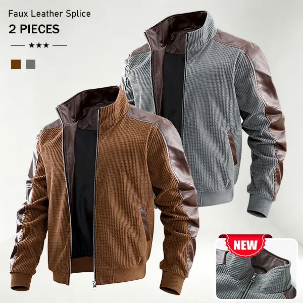 Men Stand Collar Raglan Spliced Outer Jacket Retro Faux Leather And Waffle Knit Splice Design Full Zip Closure Side Pockets Ribbed Cuffs And Hem Loose Fit Outer Coat For Urban Street Daily Casual Matching Multiple Color Options