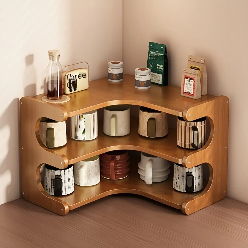 Multi-Layer Bamboo Corner Desk Shelf, Natural Wood Rectangular Storage Rack, Space-Saving Organizer for Plants, Books, Office Supplies