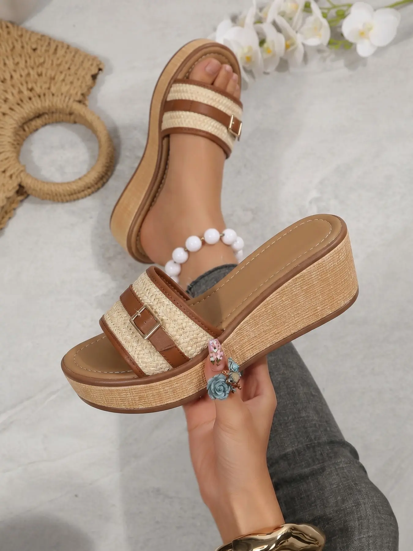 Women Raffia Woven Double Strap Wedge Sandals, Metal Buckle Decor, Light Wood Grain, Open Toe Slip on Mules, Summer Beach Casual Slippers, Backless Slipper Sandals, Boho Sandals