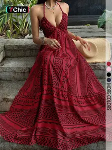 Women's digital print backless halter neck French V-neck summer beach vacation bodycon dress, Casual Boho Elegant, vacation style, bohemian style.