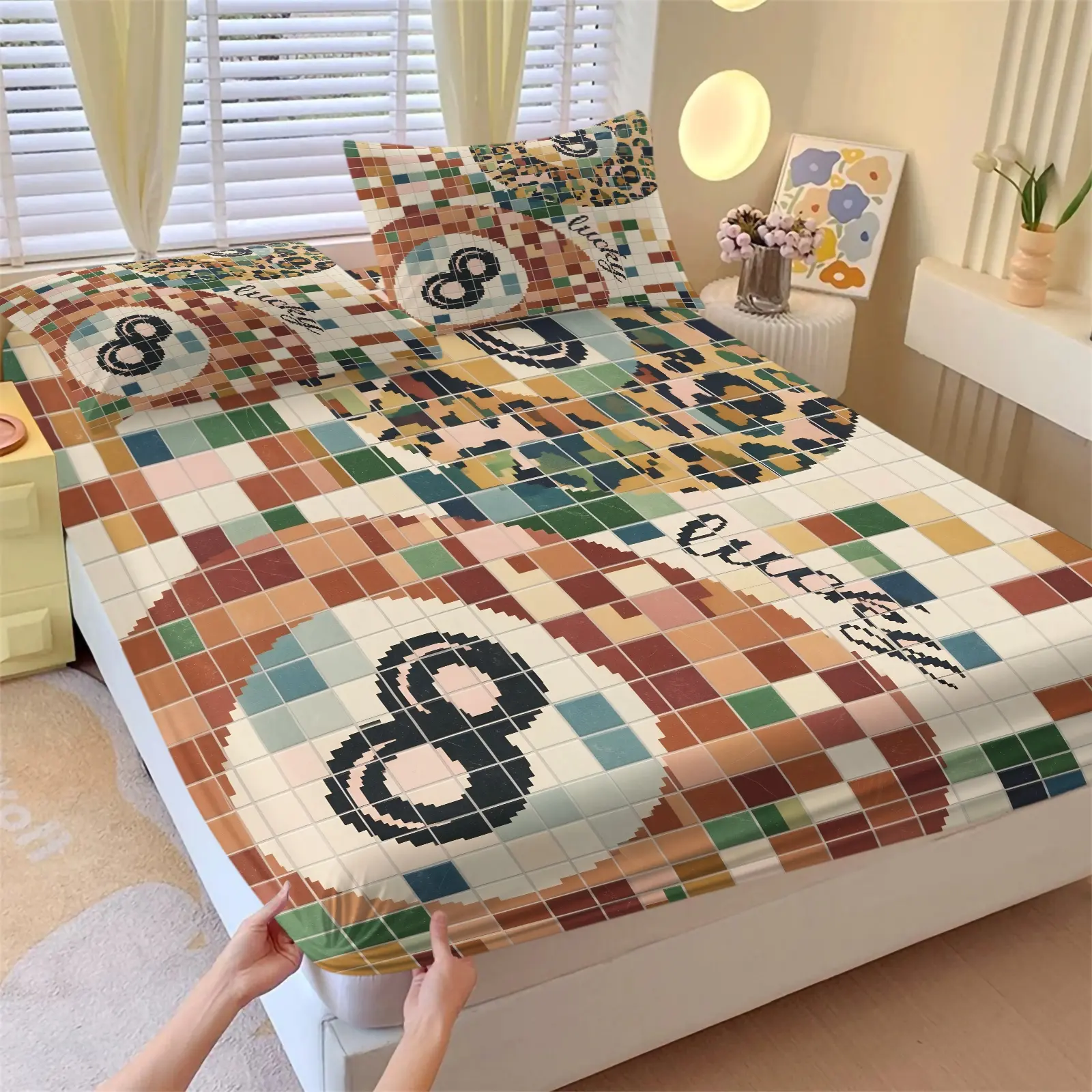 Colorful Mosaic Tile Pixel 8-Ball Lucky Cursive Quote Print Fitted Sheet Set, 1 Fitted Sheet & 2 Pillowcase, Trendy Retro Pop Art Bedding All Size, Breathable Elastic Mattress Cover, Retro Pop Bedroom Decor, Billiard Pool Lover Gift