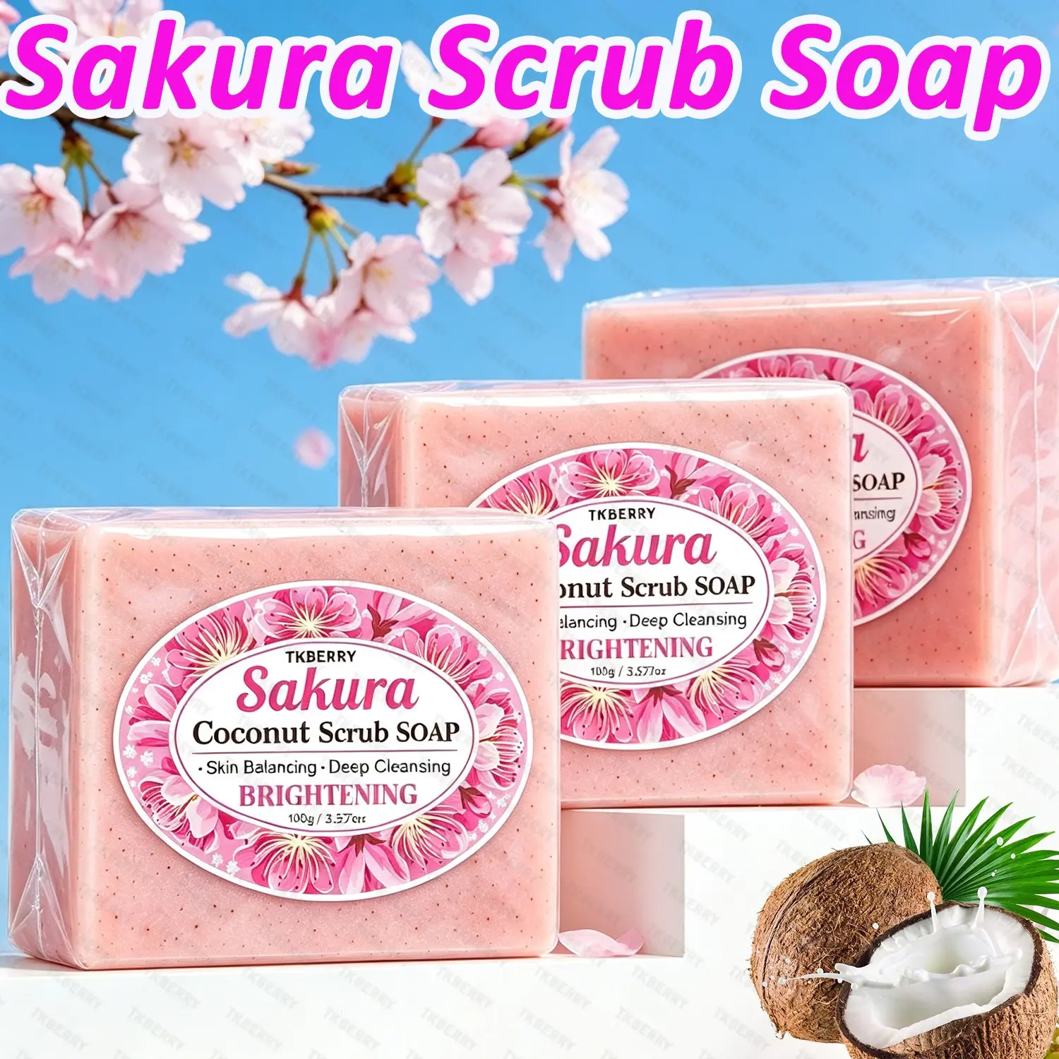 100g*3 Sakura Scrub Soap - Exfoliating Soap, Suitable for Face, Body, Hands and Legs, Cleansing & Moisturizing Soap with Coconut Oil Formula, Smooth skin,Daily Skin Cleaning, Gentle Exfoliating Lather, for All Skin Types, Elegant Packaging
