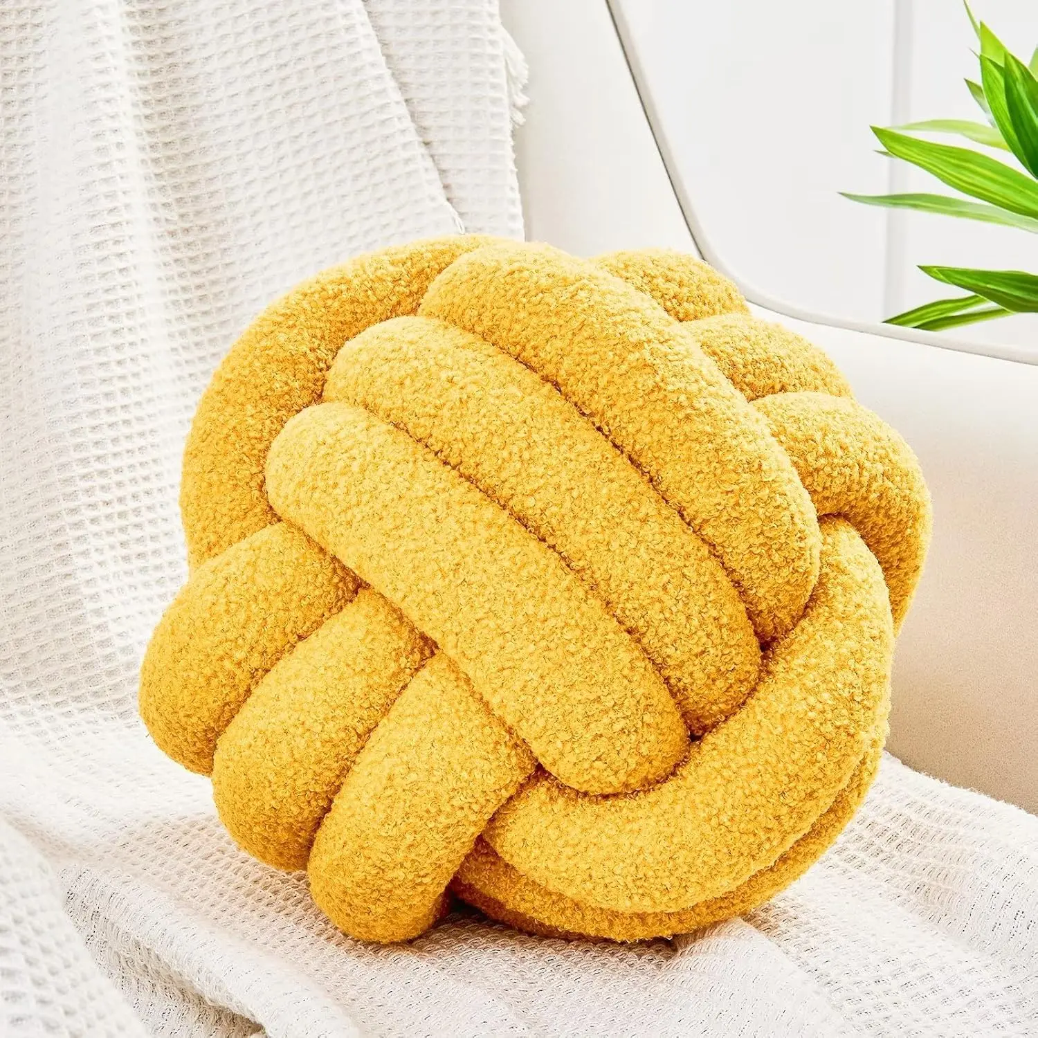 Knot Pillow Ball, Decorative Pillows, Round Throw Pillow, Knotted Plush Pillow, Round Boucle Pillow Cushion (11 Inches Dark Yellow)