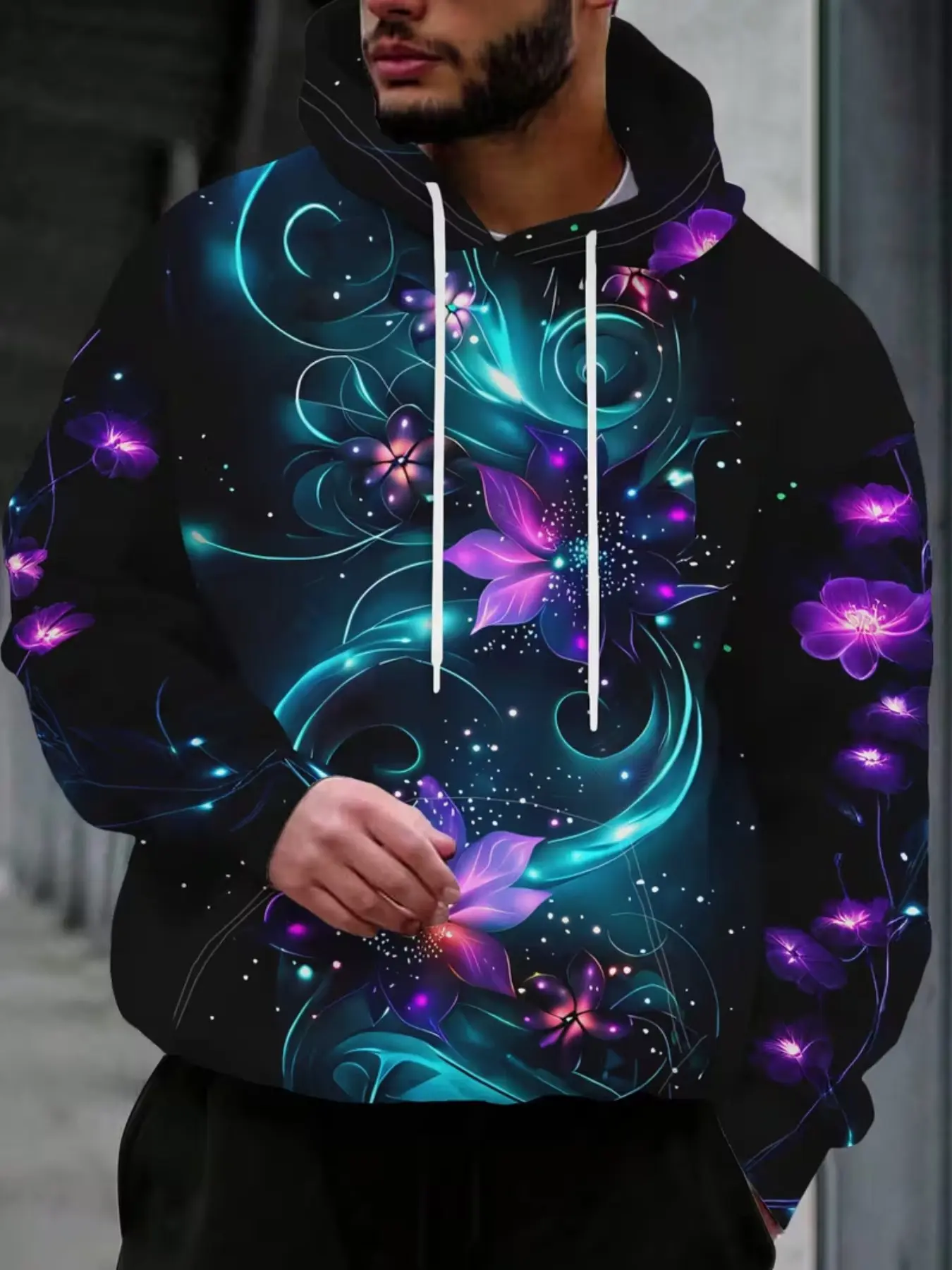 Base Fluorescent Lotus Light Effect Fluid Pattern Hoodie, Unique Ethereal Atmosphere Casual Top, Long Sleeve Fitted Design