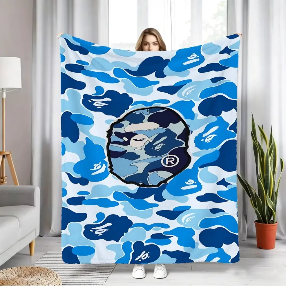 Blue Camouflage Ape Head Throw Blanket, Soft Flannel Throw Blanket, Decorative Blanket, Baby Blanket & Adult Blanket, All Season Use, All Seasons Blanket, Warm Cozy Blanket for Bed Couch Sofa Office Camping, Multiple Sizes Available, Perfect for Trendy Ur