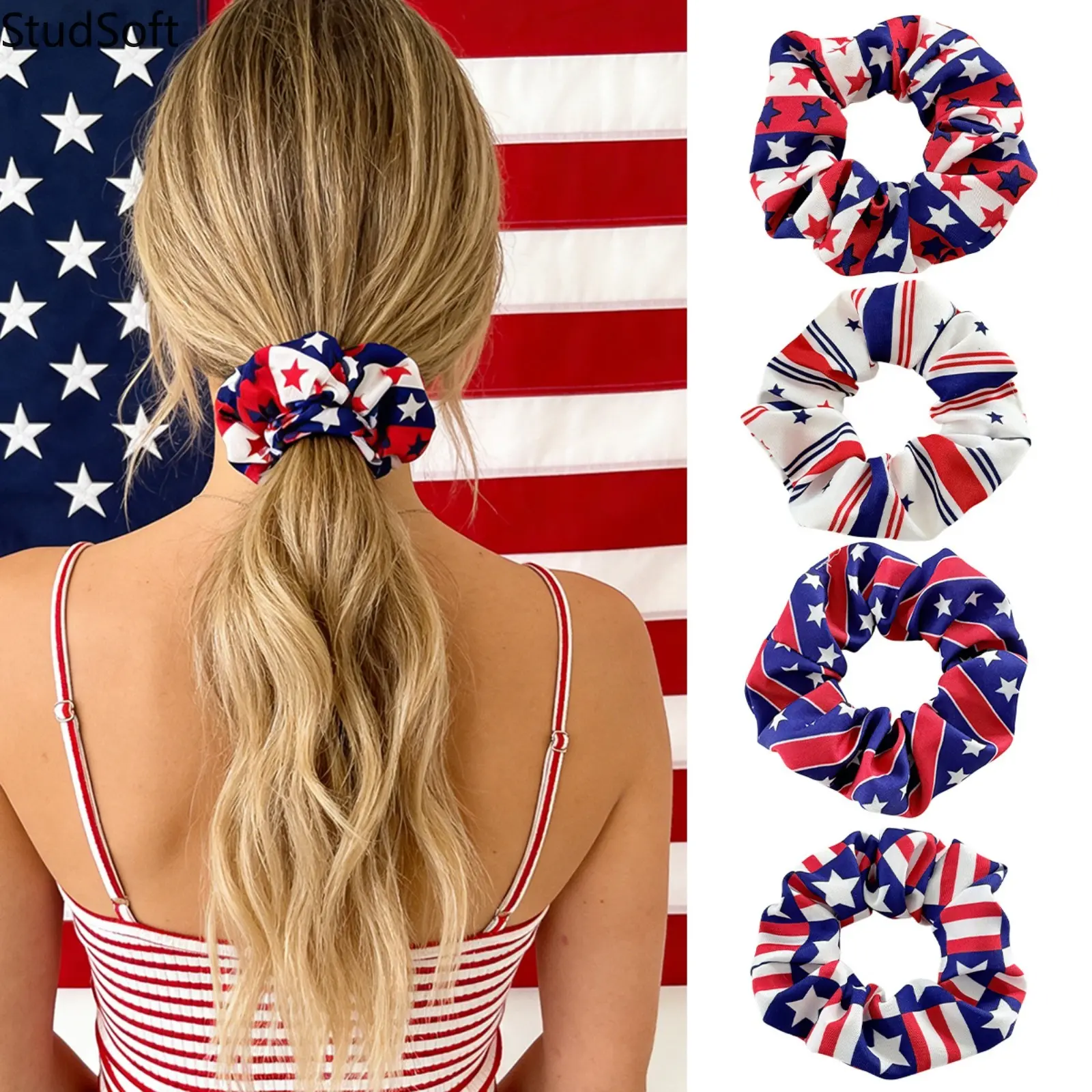 Women's Vintage Hair Scrunchies, 4-Pack Patriotic Stars and Stripes Chiffon Fabric Ties, Soft Elastic No-Damage Ponytail Holders