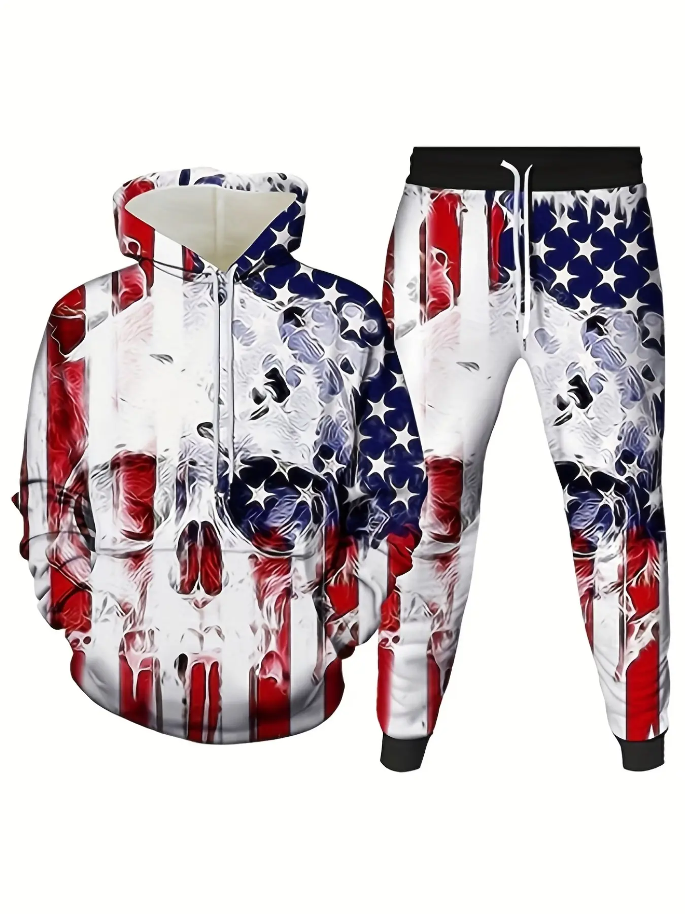 Men's Plus Size 3D Usa Flag Skull Print Hoodie and Pants Set, Casual Streetwear Long Sleeve Hooded Sports, Loose Street Style for Tall Men