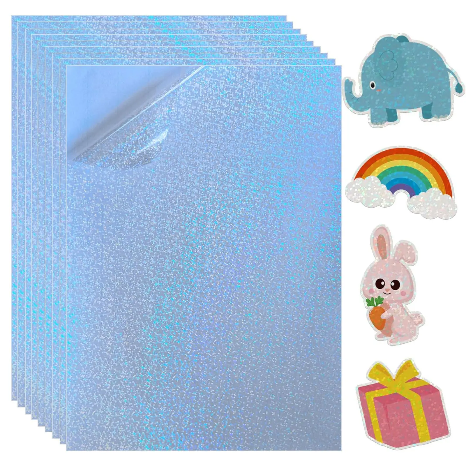 50 Sheets A4 Glitter Holographic Sticker Paper, Clear Self-Adhesive, Waterproof Rainbow Vinyl, DIY Crafts Laminating Sheets