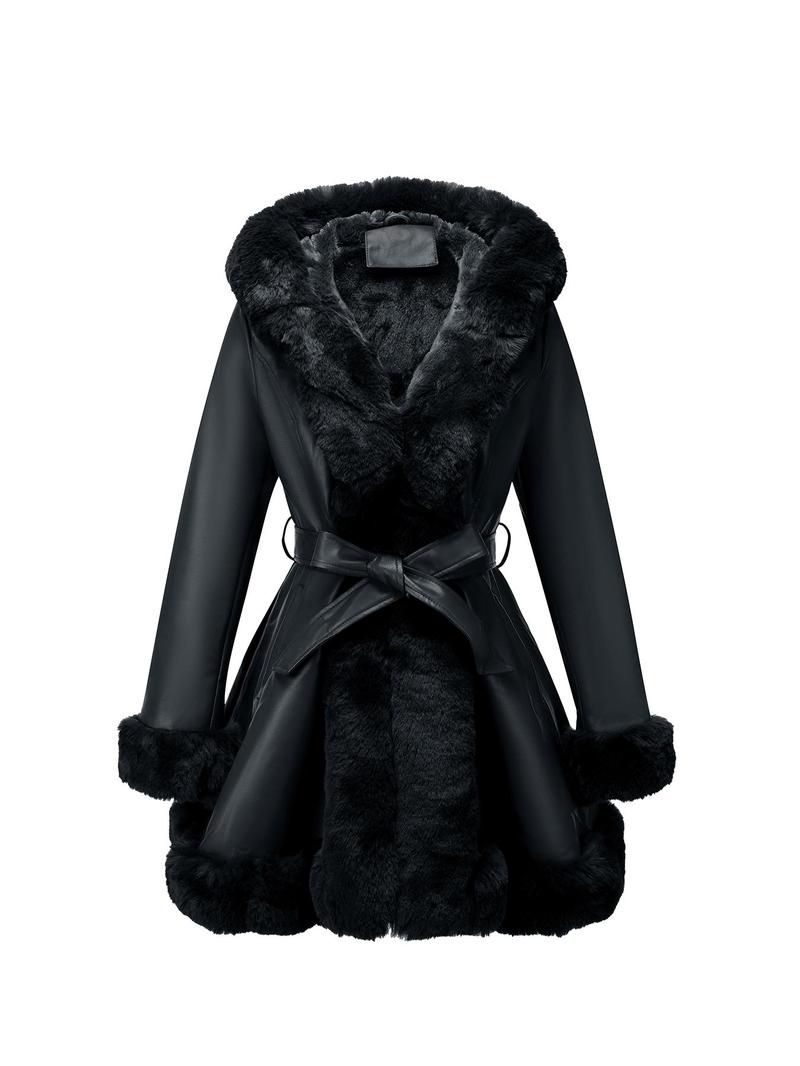 Giolshon Women's Fall & Winter PU Long Jackets, Warm Casual Hooded Fitted Coats with Detachable Belt and Faux Fur, Everyday Stylish Outerwear