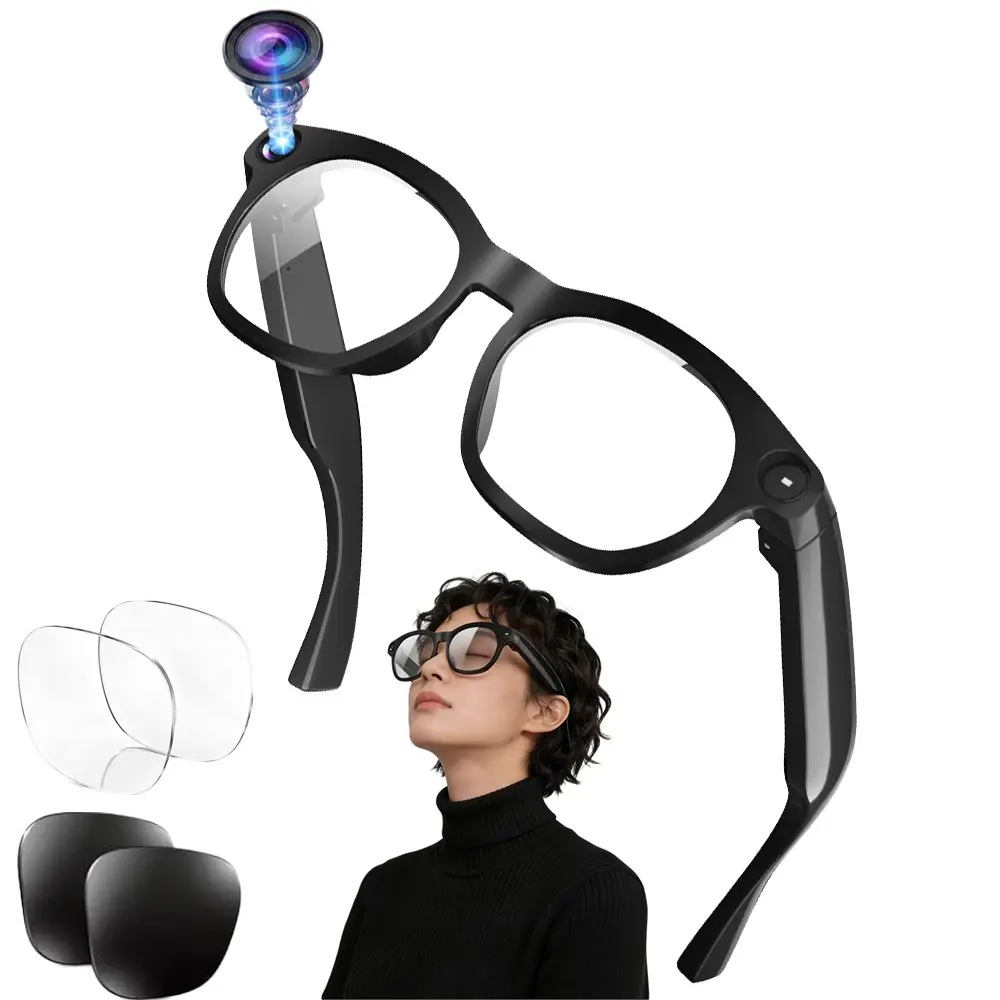 Smart Video Glasses,8MP Camera Build-in,Hands-free Video Recording,4GB Memory Build-in,  Build-in Mic & Speakers, Bluetooth Calling,  AI Real Time Translation, WiFi Transfer, Type C Charging Support, 2 Lenses Total (Transparent +Black )