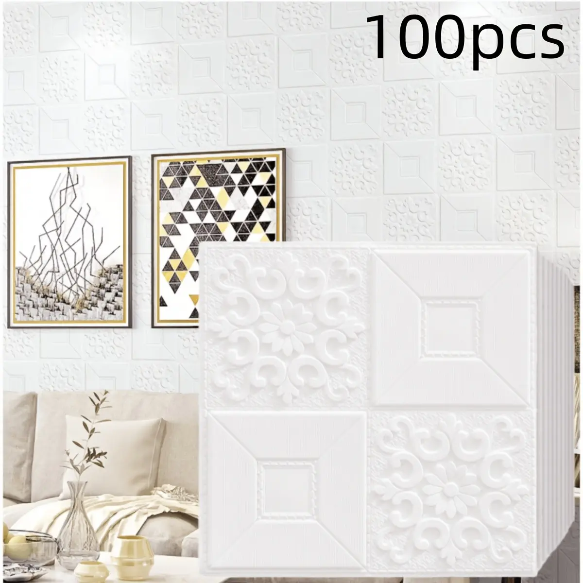 100pcs 3D Wall Stickers, Self-Adhesive Foam Square Wallpaper, Waterproof Moisture-Resistant, Easy Installation for Bedroom, Living Room, Kitchen