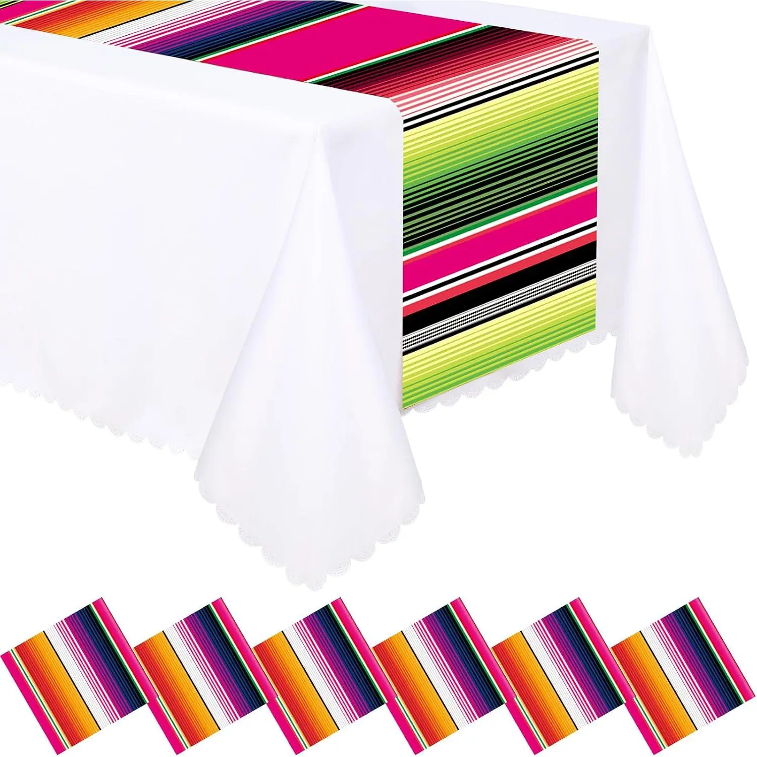 6 count Plastic Mexican Table Runner Dia De Los Muertos Serape Table Runner 14 x 108 Mexican Fiesta Colorful Striped Tablecover for Day of the  Cinco De Mayo Party Decor (Rose Red)