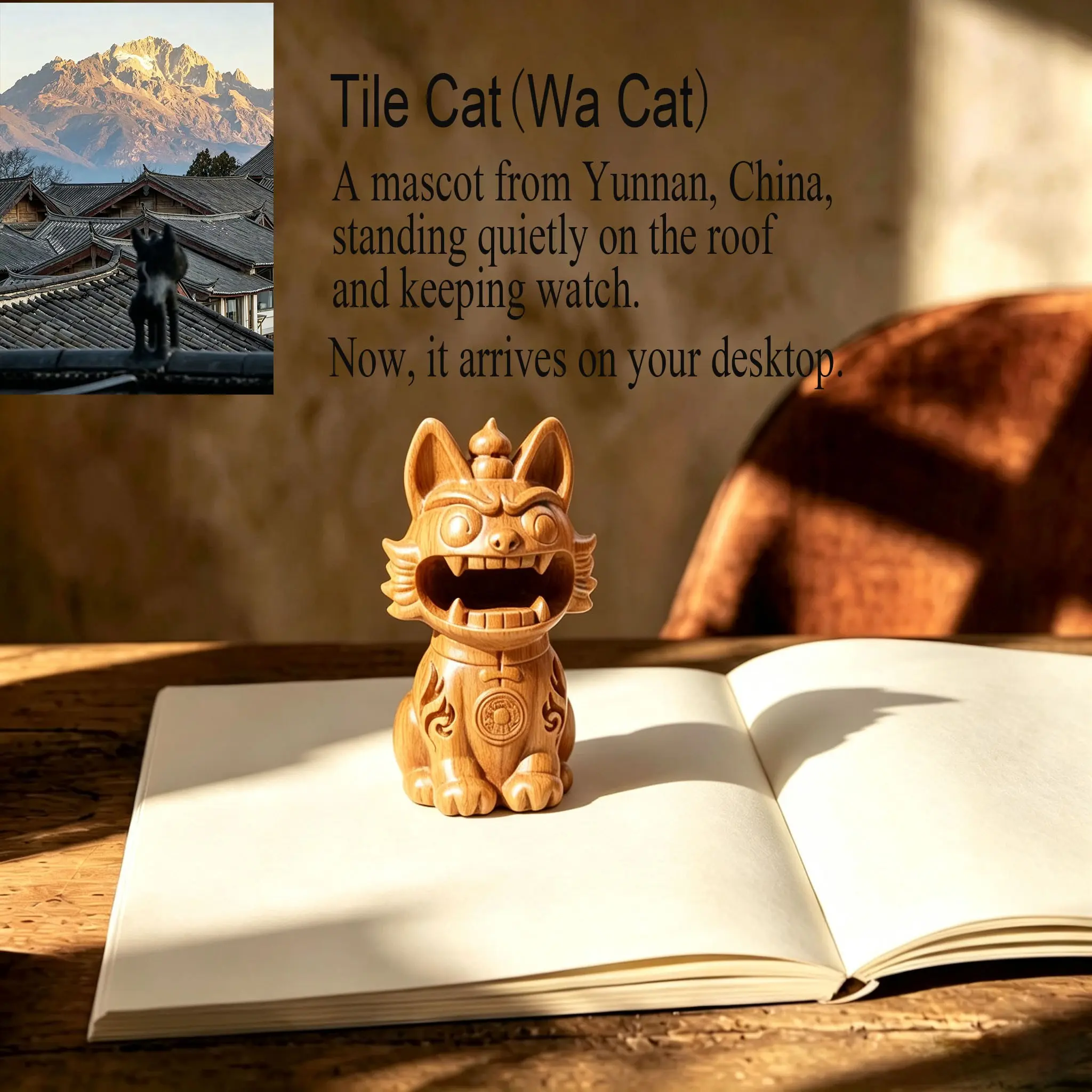 Creative Cartoon Fun Jujube Wood Carved Yunnan Tile Cat(Wa Cat), Mini Ornament for Computer & Dining Tables, Perfect Home Decor