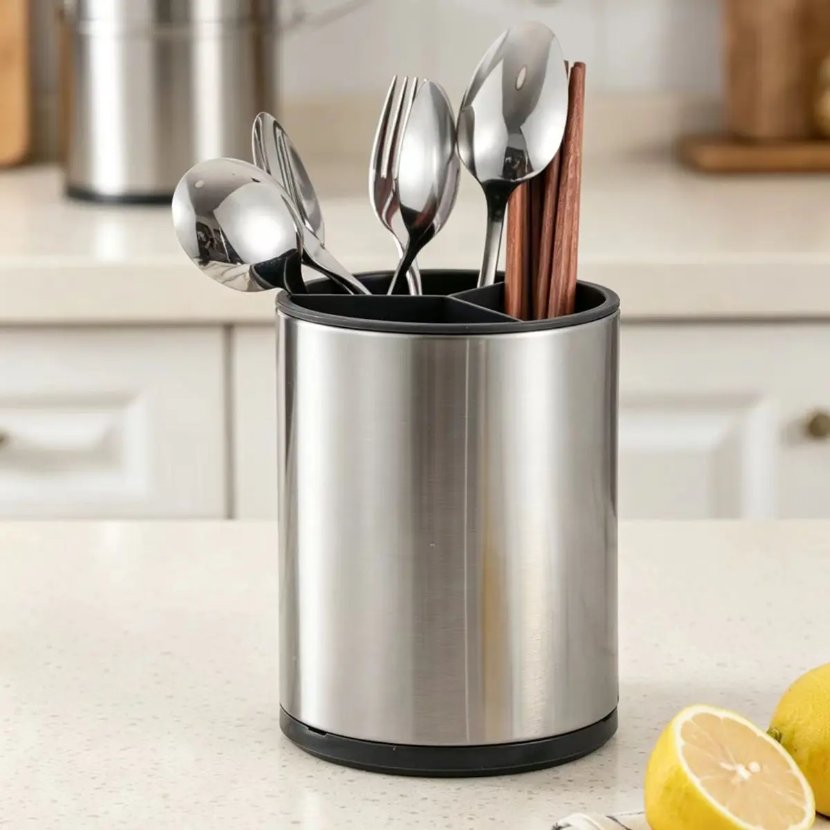 Large Kitchen Utensil Holder, 360° Rotating Counter Organizer, Stainless Steel Cooking Silverware Box, 3 Compartment Tool Container, Cutlery