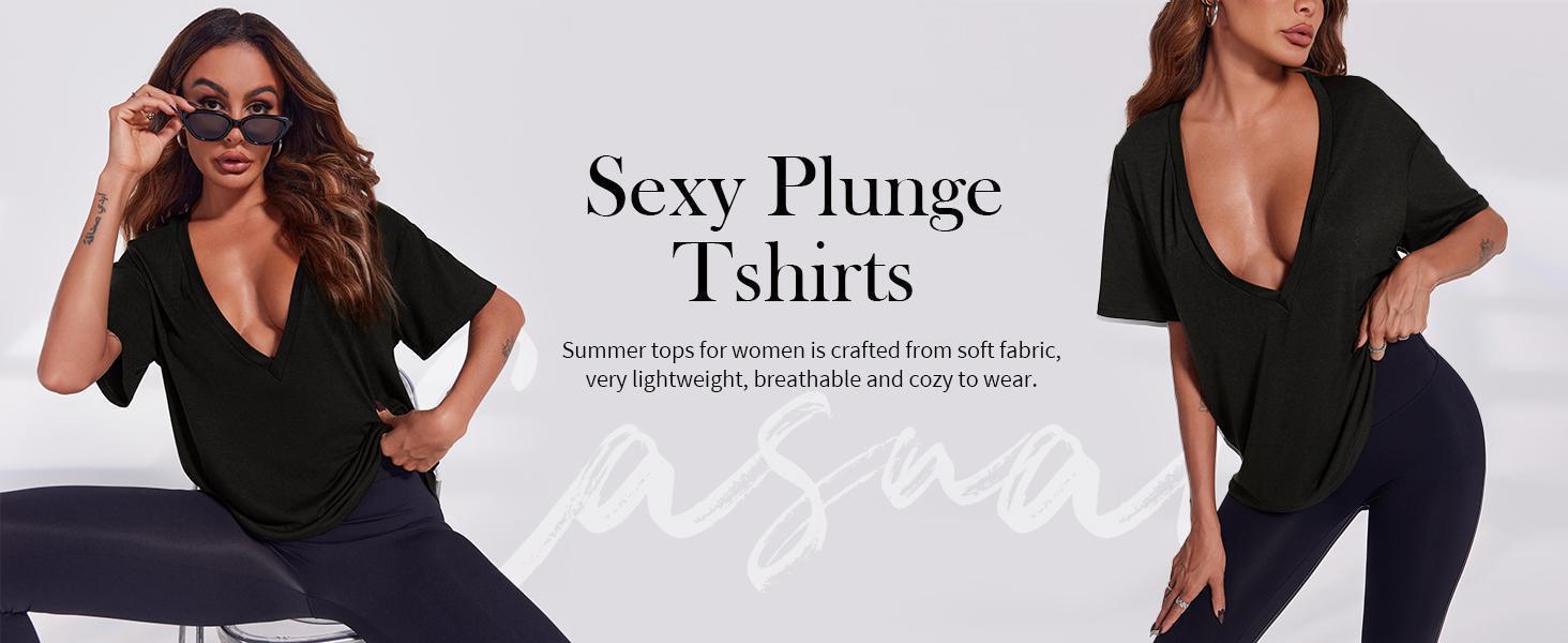 Imily Bela Womens Sexy Deep V Neck T Shirt Short Sleeve Tops Basic Tees Casual Loose Shirts