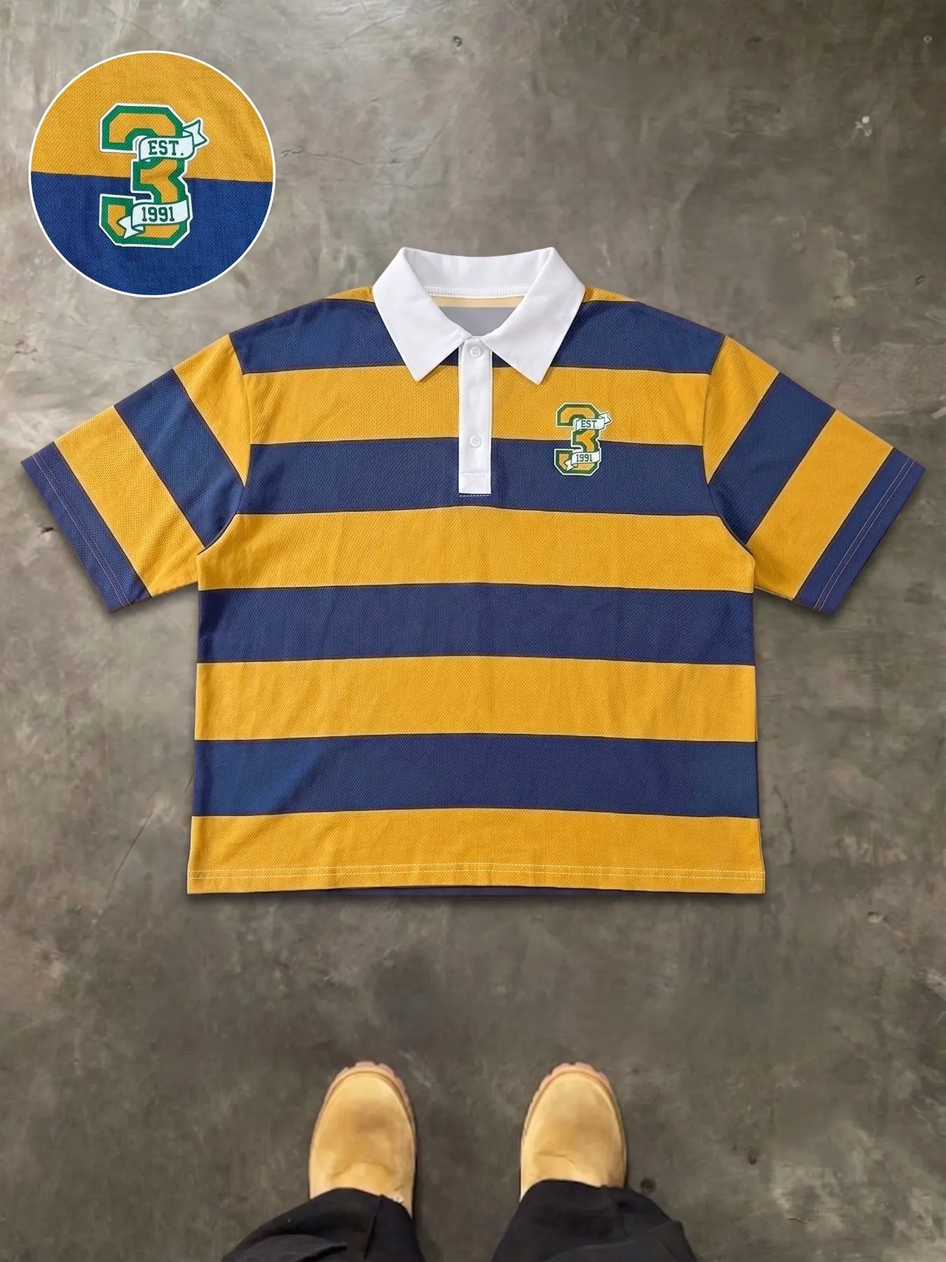 ✨ Retro '90s striped rugby polo | Loose fit, collegiate aesthetic, perfect for casual streetwear and everyday outfits | EST.1991 vintage design, breathable fabric, a must-have unisex piece for Gen Z and Y2K fans!
