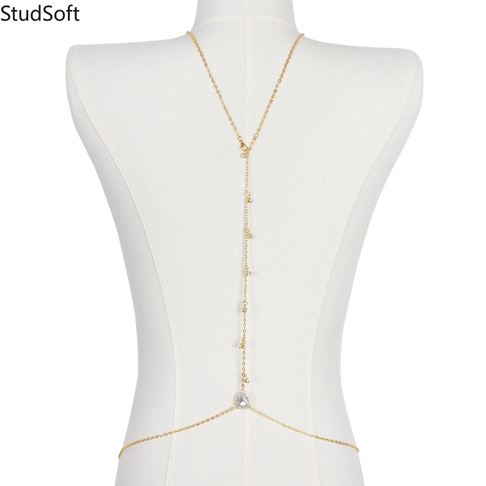 Elegant Gold-Tone Backdrop Necklace with Crystal Teardrops, Dainty Body Jewelry for Women's Backless Wedding Dress or Prom, Crystals, Dainty Teardrop Necklace, Female