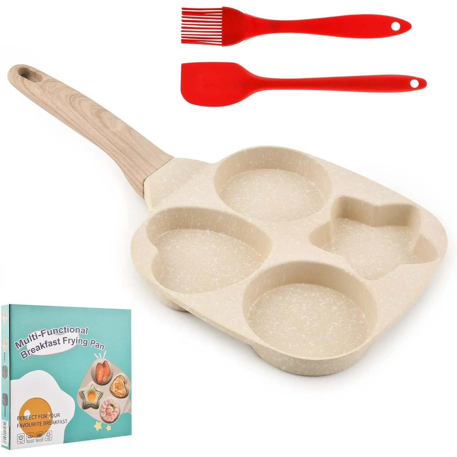 4-Cup Nonstick Egg Pan with  Brush & Spatula, Divided Grill Frying Pan, Omelette Skillet Egg Cooker Suitable for Pancakes Plett Crepes, Gas Stove & Induction Cookware(COLOR:Beige)
