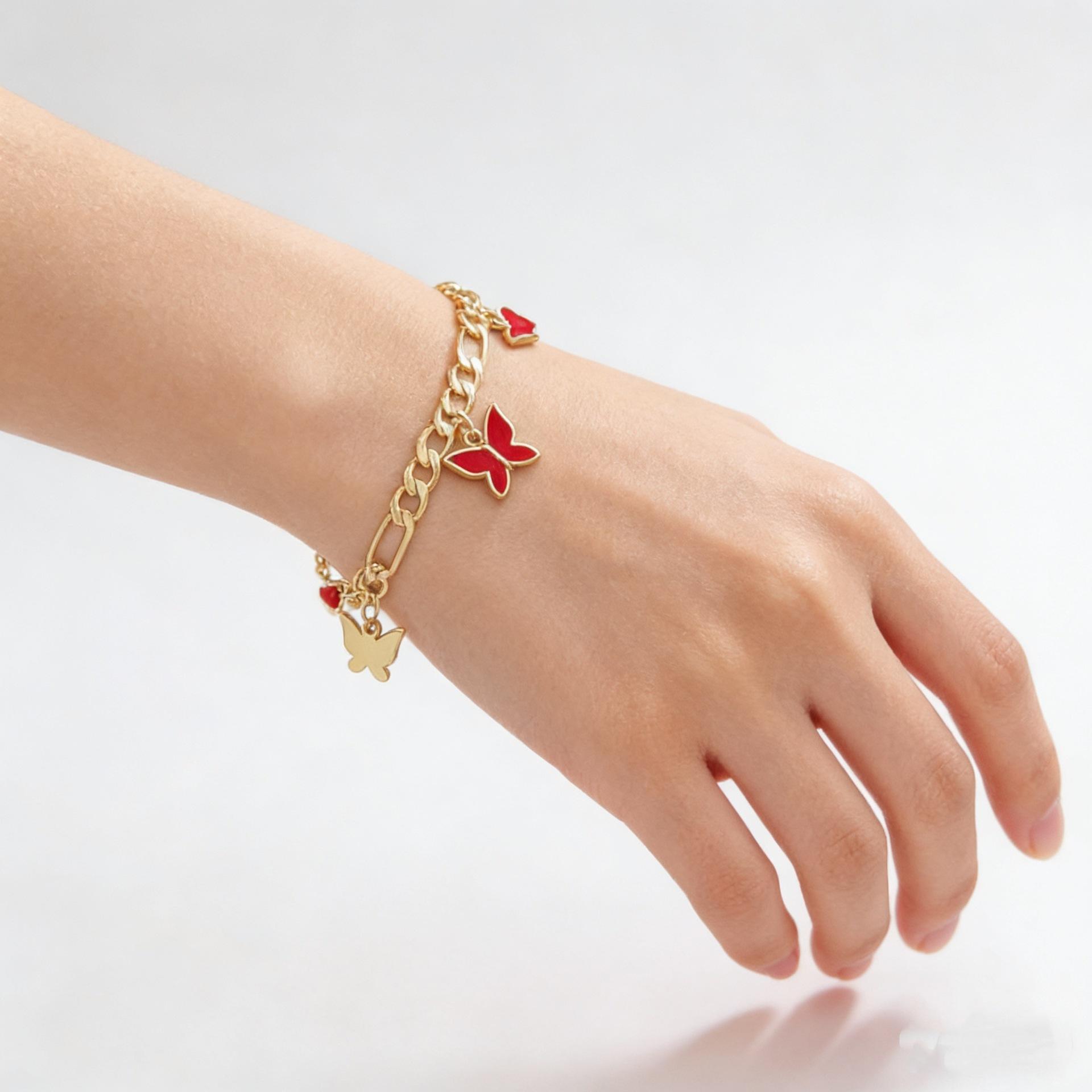 Korean Style Minimalist Luxury Bracelet For Women Red Enamel Butterfly Pendant Elegant Daily Wear Jewelry