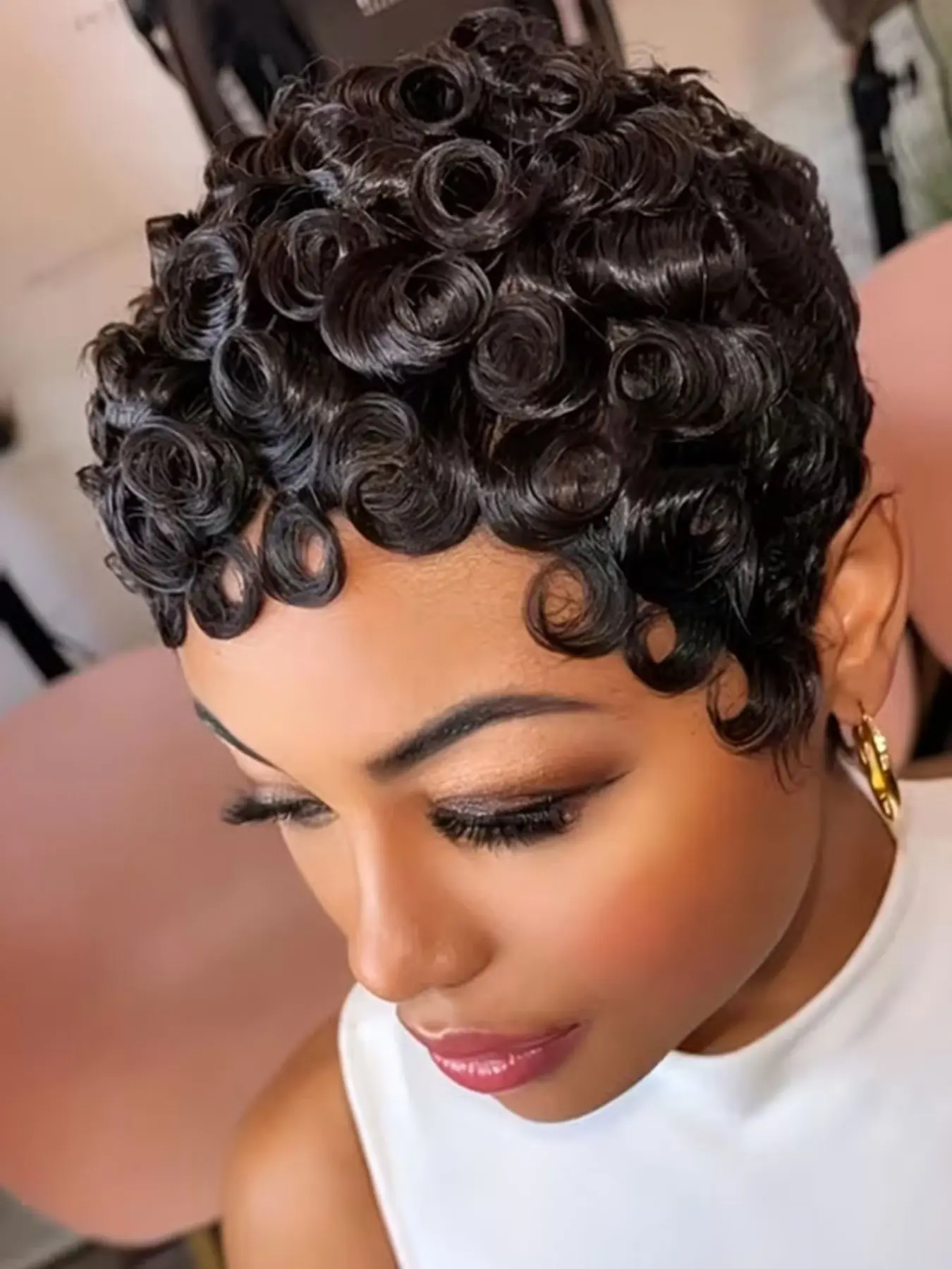Glueless Pixie Cut Wigs for Women, Curly Pixie Cut Wig, Human Hair Short Layered Wigs with Bangs, Natural, Daily Use