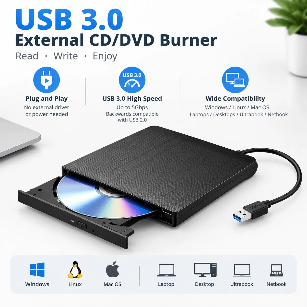 One-Piece Lightweight External Disc Drive, Designed for Reading and Writing Optical Discs, 2M