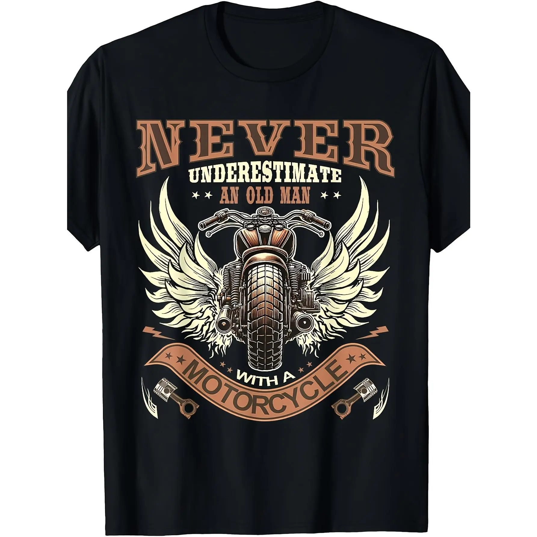Men's 100% Cotton Funny Biker Graphic T-Shirt - Never Underestimate an Old Man, Short-Sleeve Round Neck, Minimalist Modest Casual Year-Round Wear, Machine Wash Hangable Foldable Menswear, Gift for Dad, Elastic Fabric, Home