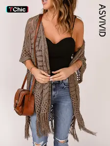 Women's Casual Elegant Solid Color Loose Knit Hollow Out Fringe Side Split Long Cardigan, Fall & Winter Fashion, Ladies Sweater Coat, Knitwear