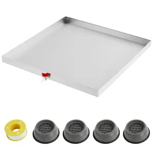 27 x 25 Inch 201 Stainless Steel Drip Pan with Drain, 0.75mm Thick, Outlet with Switch, PTFE Tape and 4 Suction Cup Pads