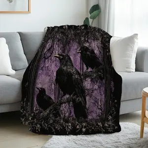 1Pc, Raven Gothic Artwork, Cozy Flannel Blanket, Soft And Warm, Enigmatic Design Print, Ideal For Bed, Couch, Living Room, Year-Round Use, Halloween |   Christmas |   Room Decoration |   Autumn For Home Decor, 280Gsm