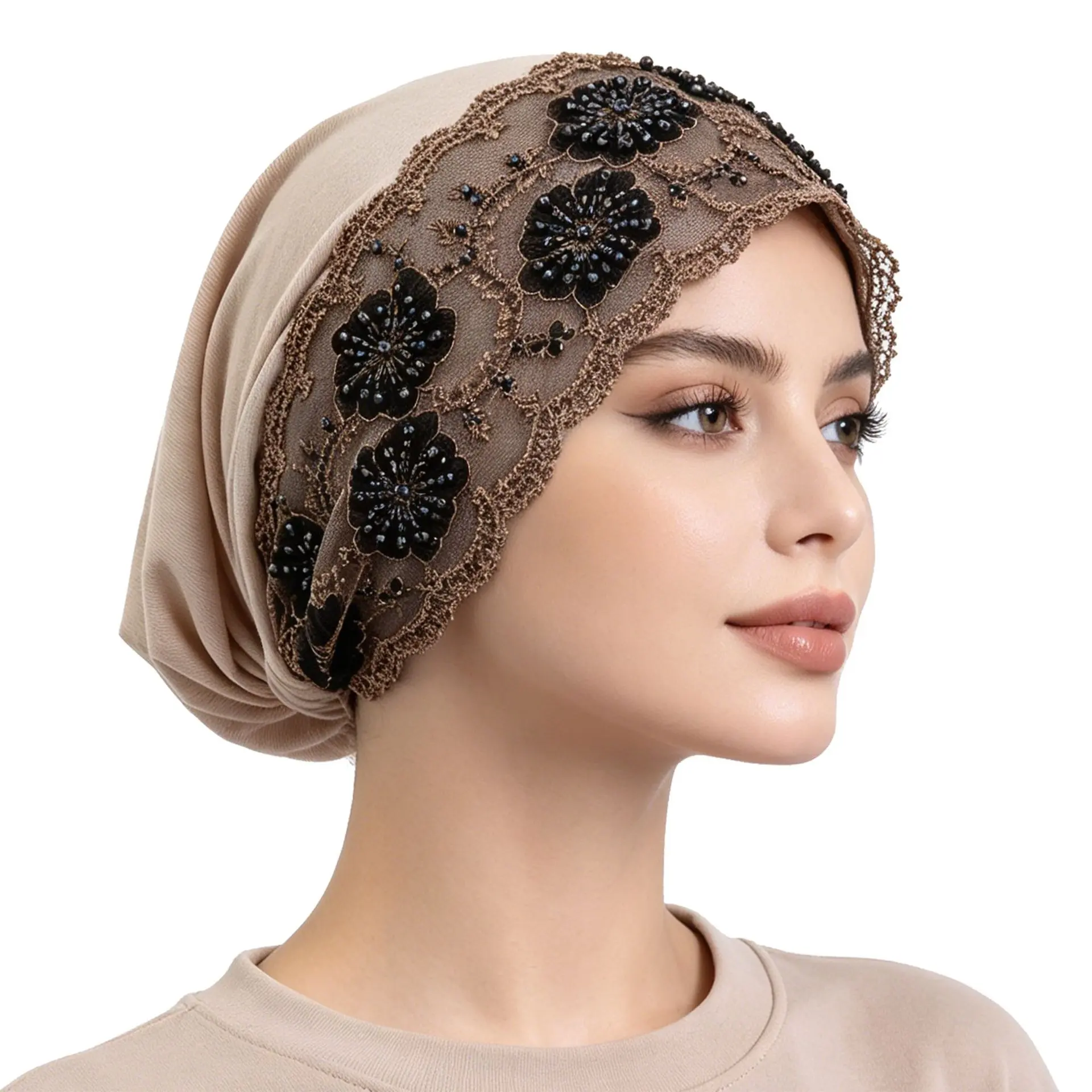 Effortless Beaded Lace Floral Stretch Jersey Turban Bonnet Cap Slip Resistant Soft Breathable Embellished Hijab Underscarf Party Wear