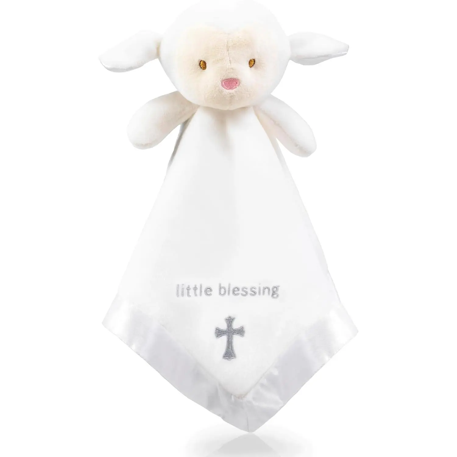 Oeko-TEX Cert. Soft Fabric Lamb Shape Lovey Blanket with Cross Motif, 14-Inch Baptism Gift for Newborns & Toddlers, 14 In