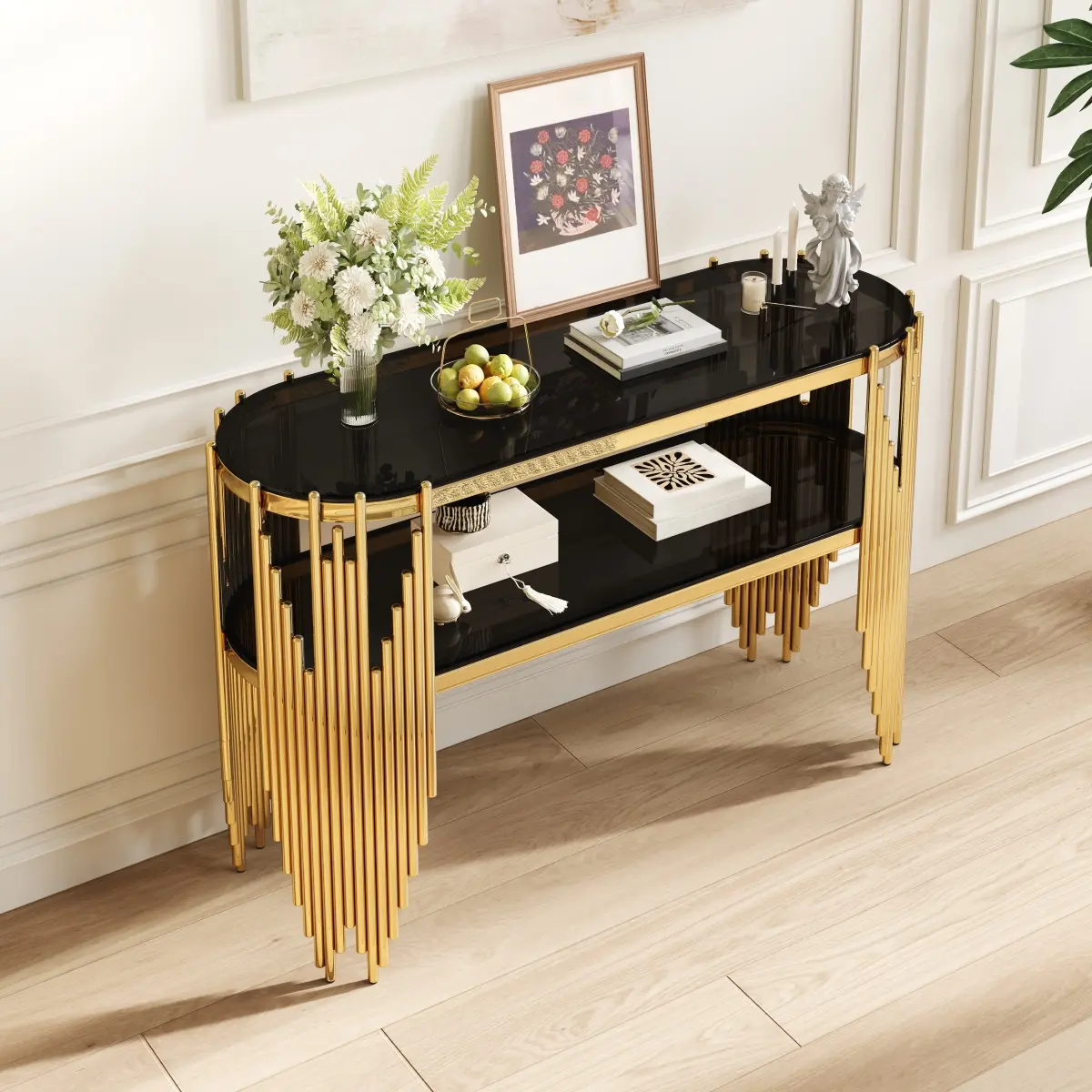 Oval Glass Console Table, Modern Gold Entryway Table Narrow Sofa Table with 2-Tier Black Tempered Glass & Storage, Stainless Steel Frame, 47" Accent Table Entrance Table for Living Room,Hallway,Foyer