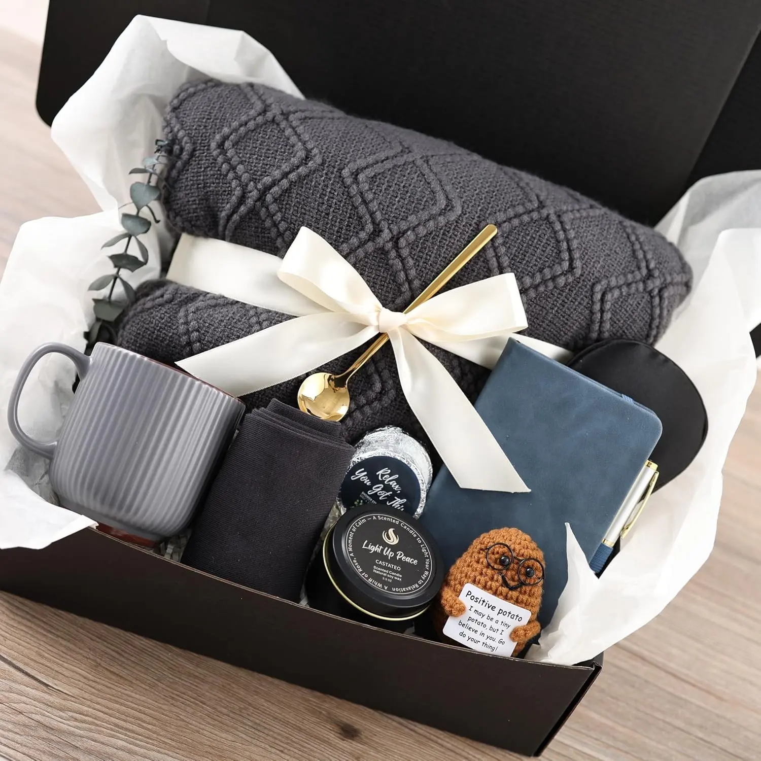Get Well Soon Gift Baskets for Men & Women, Self Care Package for Birthday After Surgery Recovery, Sympathy Gifts for Loss, Grief Bereavement Miscarriage Gifts (Grey & Navy Blue)