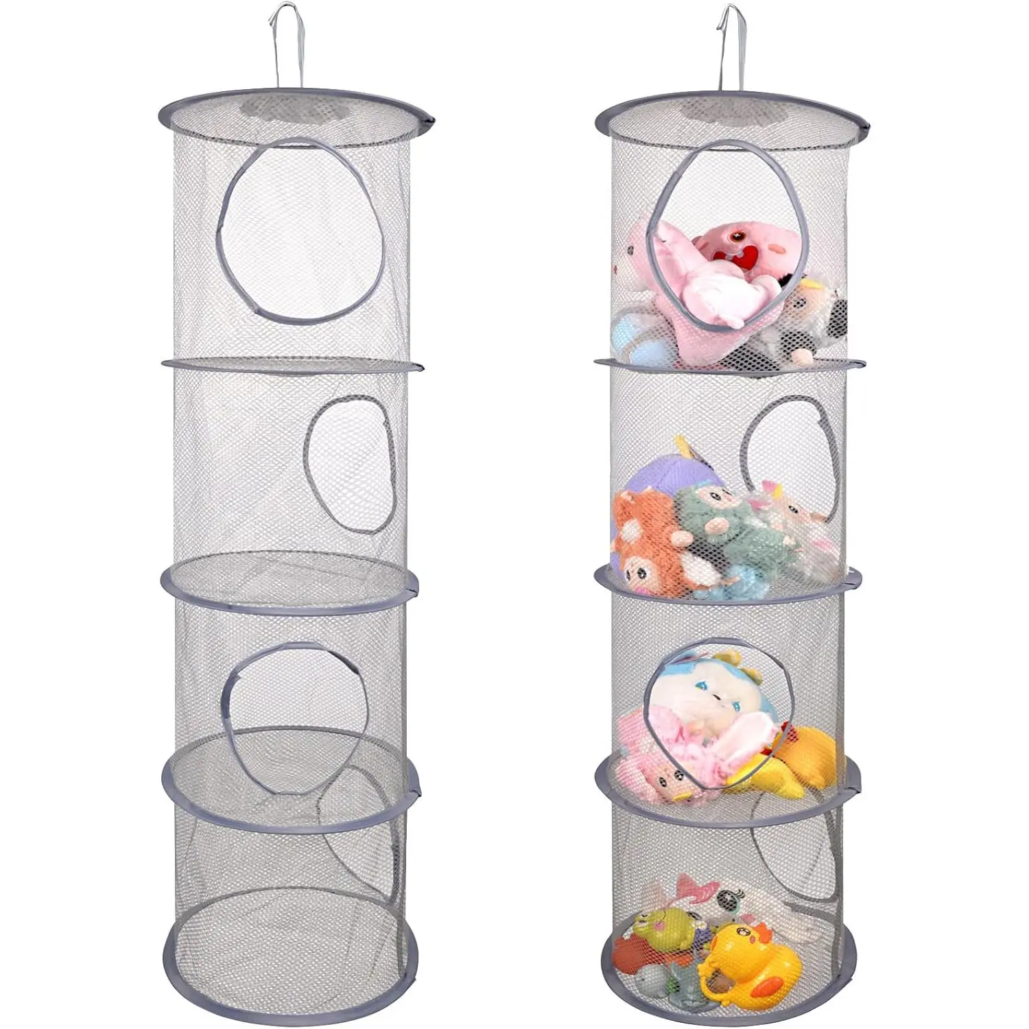 Mesh Stuffed  Storage - 4 Tiers 2 Pack Large Stuffed  Net Organizer, Foldable Space Saver Bags Plushie Basket Organization Holder Room Bedroom Playroom Wardrobe Wall Grey