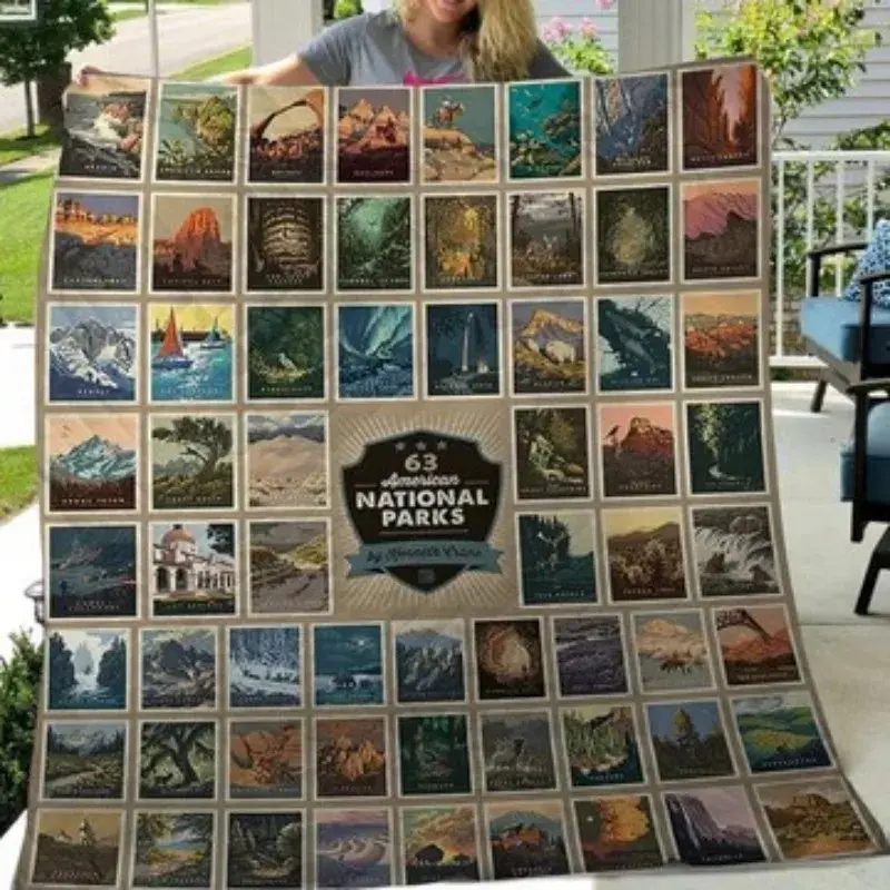 63 National Parks Illustrated Vintage Travel Badges Grid Throw Blanket Nature Wanderlust Souvenir Gift Soft Warm Fleece Blanket Bed Couch Decor Inch