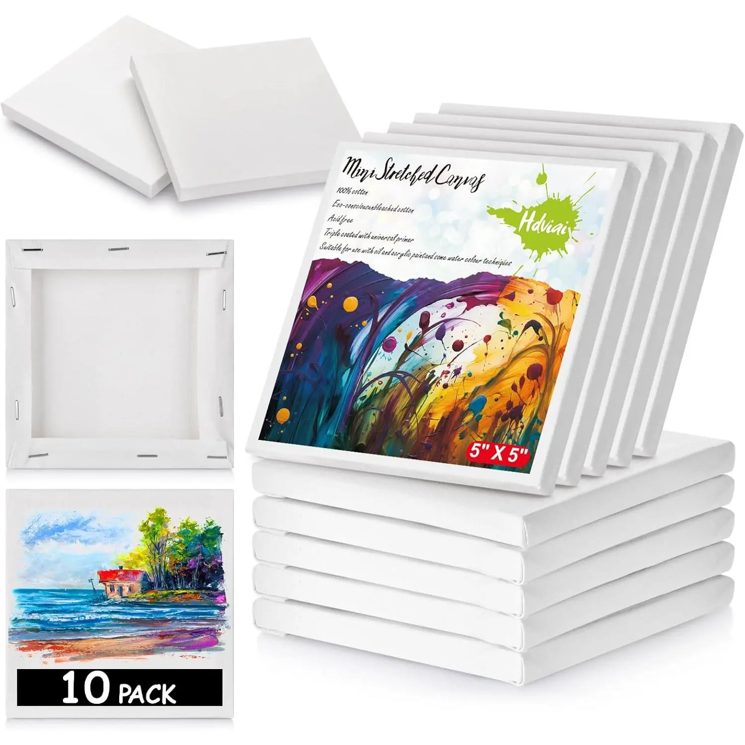 10PCS Mini Canvases for Painting 5 x 5 in Bulk Small Square Stretched Canvases 2/5 in Thick Blank Canvas for Students Art Supplies School & Home Crafts