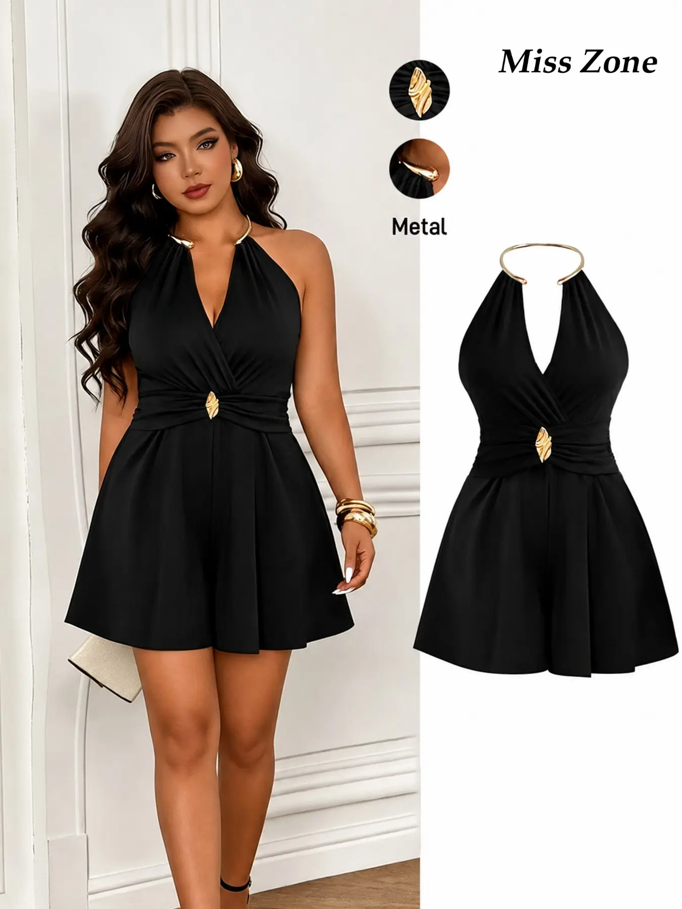 Women’s Plus Size Halter Backless Elegant Chic Romper Metal Detail Deep V Neck High Waist Sleeveless One Piece Shorts Outfit for Vacation Date Night Party Plus Size Overalls